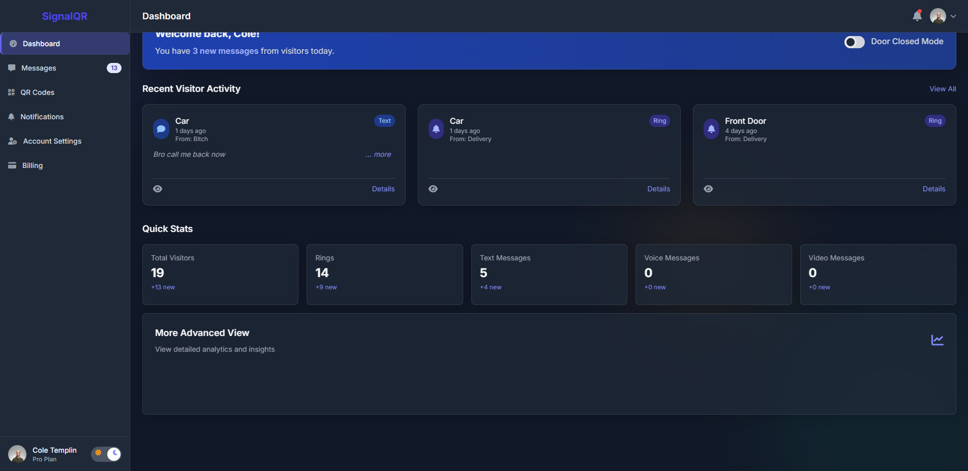 SignalQR dashboard